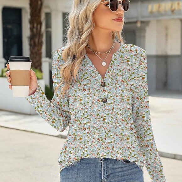 NWT! Soft Long Sleeve Pullover Top w/Floral Design /V-Neckline/ 2-Button Closure - Picture 3 of 13